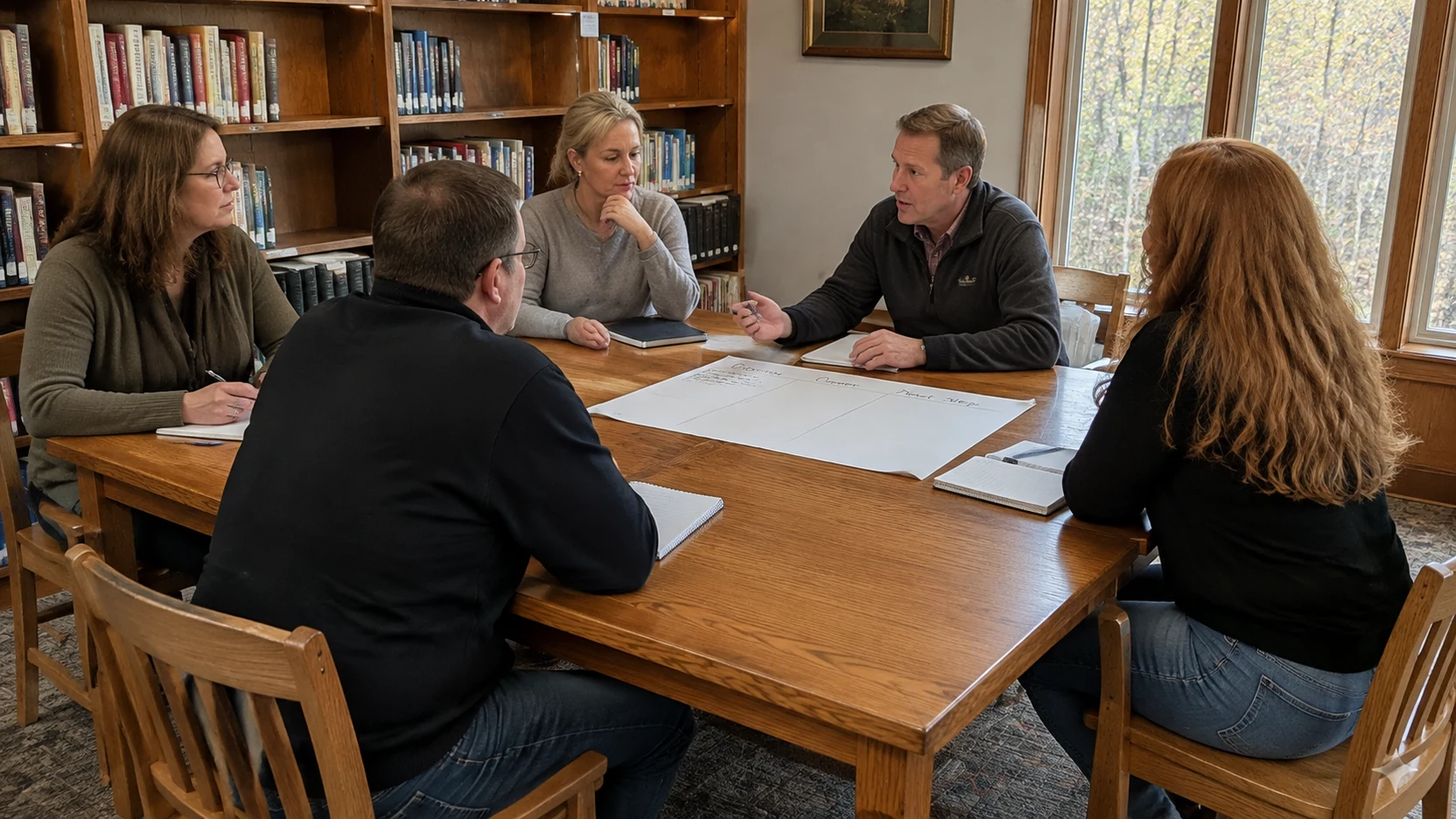 Samantha and a group discussing shared priorities around a table