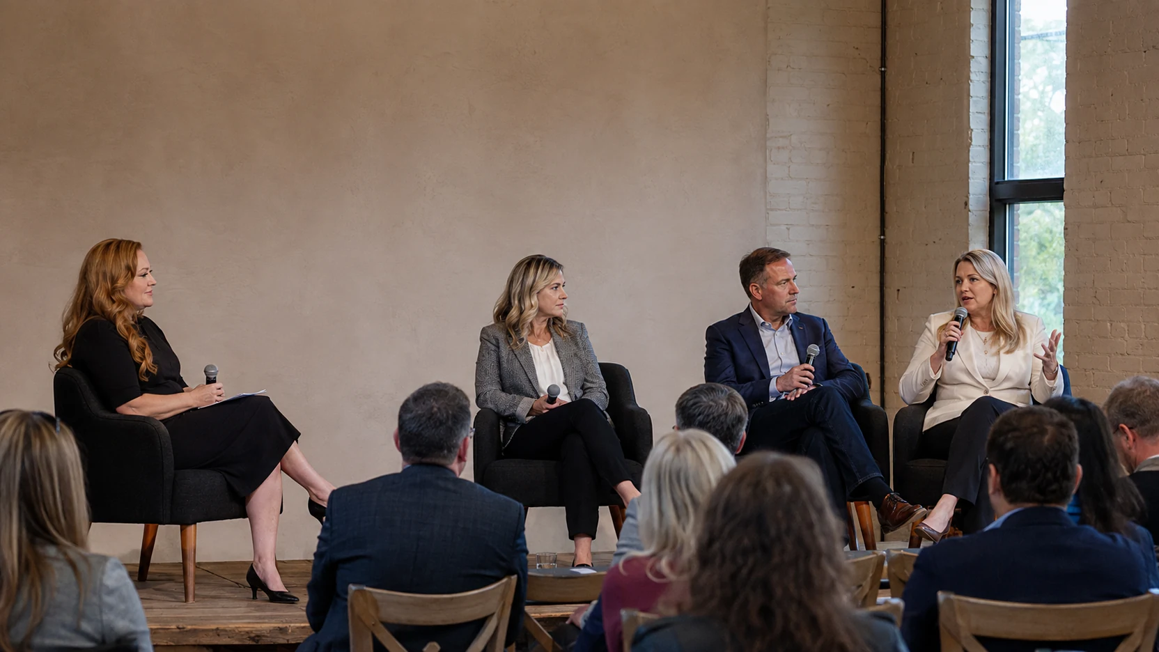 Samantha moderating a panel with three speakers